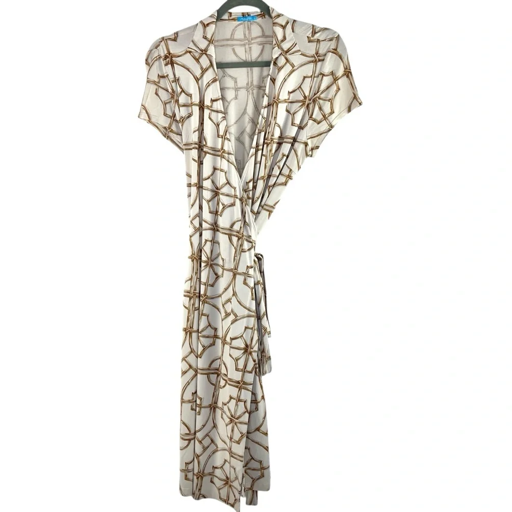 JMclaughlin Silk Wrap Dress in Cream with Brown Geometric Print - Picture 1 of 4